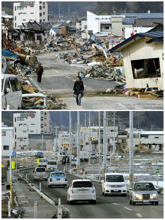 Combo photo shows the tsunami-devastated …