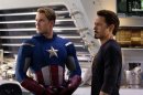 In this photo provided by Disney, Chris Evans, portraying Captain America, left, and Robert Downey Jr., portraying Tony Stark, act in a scene from 
