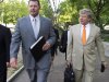 Former Major League Baseball pitcher Roger Clemens, and his attorney Rusty Hardin, arrive at federal court in Washington in Washington, Monday, April 16, 2012, for jury selection in the perjury trial on charges that he lied when he told Congress he never used steroids and human growth hormone.  (AP Photo/Manuel Balce Ceneta)