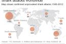 Map shows shark attacks by continent.; 2c x 4 inches; 96.3 mm x 101 mm;