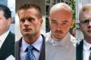 This combination made from file photo shows Blackwater guards, from left, Dustin Heard, Evan Liberty, Nicholas Slatten and Paul Slough. A years-long legal fight over a deadly mass shooting of civilians in an Iraq war zone reaches its reckoning point, when the former Blackwater security guards are sentenced for the rampage. Three of the guards, Heard, Liberty and Slough, face mandatory decades-long sentences because of firearms convictions. Slatten faces a penalty of life in prison after being found guilty of first-degree murder. (AP Photo)