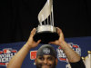 San Francisco Giants' Pablo Sandoval holds up his MVP trophy after Game 4 of baseball's World Series against the Detroit Tigers Sunday, Oct. 28, 2012, in Detroit. The Giants won 4-3 to win the series. (AP Photo/Matt Slocum, Pool )