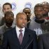 Los Angeles Lakers' Derek Fisher, center, president of the NBA players union, is joined by NBA players, union executive director Billy Hunter, right, and and other NBA players during a news conference Thursday, Sept. 15, 2011, in Las Vegas. Players will remain unified and calm in what could be a lengthy pursuit of a labor agreement, union Fisher says. (AP Photo/Julie Jacobson)
