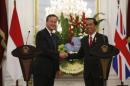 Cameron and Widodo shake hands after addressing the media at the Presidential Palace in Jakarta