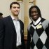 NFL football draft prospects Andrew Luck, left, of Stanford, and Robert Griffin III, of Baylor, attend a reception during their visit to the trading floor of the New York Stock Exchange, Wednesday, April 25, 2012. The college stars are preparing for the NFL draft Thursday night at Radio City Music Hall. (AP Photo/Richard Drew)