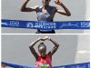 Kenya's Wesley Korir, top, and compatriot Sharon Cherop, bottom, are shown winning the men's and women's divisions of the 116th Boston Marathon in Boston, Monday, April 16, 2012. Korir finished in 2 hours, 12 minutes, 40 seconds. Cherop finished in 2 hours, 31 minutes, 50 seconds. (AP Photo/Charles Krupa)