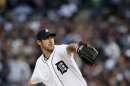 Detroit TIgers' Verlander pitches to the Oakland Athletics during the first inning of Game 1 in their MLB ALDS playoff baseball series in Detroit
