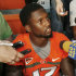 Miami quarterback Jacory Harris answers questions during  media day in Coral Gables, Fla., Saturday, Aug. 27, 2011. Harris says he expects to play when the Hurricanes open their season at Maryland on Sept. 5, despite an ongoing NCAA probe into whether he broke rules while associating with a convicted Ponzi scheme architect. (AP Photo/Jeffrey M. Boan)