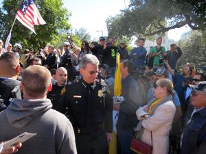 San Antonio Police Chief William McManus, center, leaves …