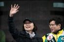 Democratic Progressive Party (DPP) presidential candidate Tsai Ing-wen waves to supporters at an election rally in New Taipei City on January 15, 2016