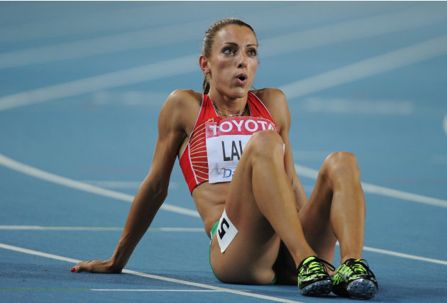 Bulgaria's Ivet Lalova reacts after the women's 200 metres semi-final at the International Association of Athletics Federations (IAAF) World Championships in Daegu on September 1, 2011.      AFP PHOTO