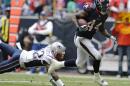 Houston Texans' Ben Tate (44) runs for a touchdown past New England Patriots' Devin McCourty (32) during the second quarter of an NFL football game on Sunday, Dec. 1, 2013, in Houston. (AP Photo/Patric Schneider)