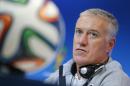 France's head coach Didier Deschamps attends a press conference, the day before the group E World Cup soccer match between France and Switzerland at the Arena Fonte Nova stadium in Salvador, Brazil, Thursday, June 19, 2014. (AP Photo/David Vincent)