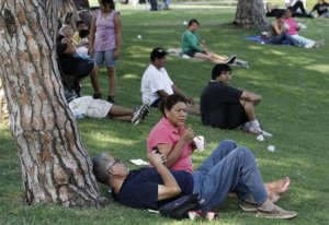 People gather in the shade at Belvedere Lake Park during …