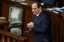 Egypt's President Abdel Fattah al-Sisi reacts after delivering a speech at the Lower House of parliament in Tokyo