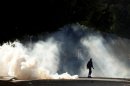 Protesters are seen through tear gas used by police during clashes in Alexandria