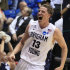 Brigham Young forward Brock Zylstra celebrates after he scored in the closing minute of BYU's 78-72 win over Iona in an NCAA men's college basketball tournament opening-round game, Tuesday, March 13, 2012, in Dayton, Ohio. (AP Photo/Al Behrman)