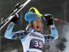 Resi Stiegler, of the United States, celebrates her second place after completing an alpine ski, women's World Cup slalom, in Ofterschwang, Germany, Sunday, March 4, 2012. (AP Photo/dapd/ Timm Schamberger)