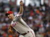 Philadelphia Phillies pitcher Cliff Lee works against the San Francisco Giants during the first inning of a baseball game Thursday, Aug. 4, 2011, in San Francisco. (AP Photo/Ben Margot)