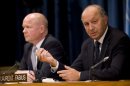 French Foreign Minister Laurent Fabius (R) and British Foreign Secretary William Hague