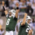 New York Jets kicker Nick Folk (2) and teammate Mark Brunell (8) celebrate Folk's 50-yard fourth quarter field goal which won the NFL football game over the Dallas Cowboys 27-24 on Sunday, Sept. 11, 2011,  in East Rutherford, N.J. (AP Photo/Bill Kostroun)