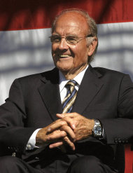 FILE - In this Oct. 7, 2006 file photo, former U.S. Sen. George McGovern smiles during the dedication of the George and Eleanor McGovern Library in Mitchell, S.D. A family spokesman said McGovern passed away peacefully, surrounded by family and life-long friends early Sunday morning Oct. 21, 2012. He was 90. (AP Photo/Doug Dreyer, File)