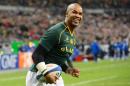 South Africa's wing JP Pietersen reacts after scoring a try during a Rugby Union test match against France at the Stade de France in Saint Denis, on November 23, 2013