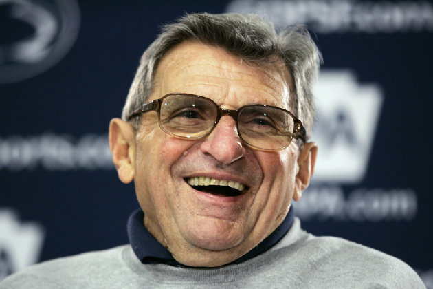 FILE - In this March 29, 2008 file photo, Penn State coach Joe Paterno laughs during a news conference after coaching an NCAA college football practice in State College, Pa. On Sunday, Jan. 22, 2012, family says Paterno, winningest coach in major college football, has died. (AP Photo/Carolyn Kaster, File)