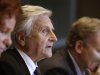 European Central Bank President Jean Claude Trichet, center, speaks during his last appearance in front of the finance committee at the European Parliament in Brussels, Tuesday, Oct. 4, 2011. Trichet's eight-year term expires Oct. 31 and he will hand over to successor Mario Draghi. (AP Photo/Virginia Mayo)