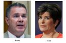 This combo of 2014 file photos shows Iowa Democratic senatorial candidate, Rep. Bruce Braley, left, and Republican senatorial candidate State Sen. Joni Ernst. Iowa is a state with a relatively small number of veterans and no military bases, yet the hotly contested Senate race here is heavily focused on the military. The recent scandals surrounding veterans' health care and the air strikes against Islamic State militants in Iraq mean the troops are on people's minds. (AP Photo)