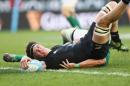 Scott Barrett of the New Zealand All Blacks scores a try during their rugby union match against Ireland, at Soldier Field in Chicago, United States, on November 5, 2016