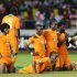 (L-R) Ivory Coast's Jean-Jacques Gosso,  captain Didier Drogba, Max Gradel, Souleman Bamba, Wilfried Bony, Siaka Tiane