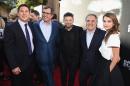 (L-R) Producer Dylan Clark, producer Peter Chernin, actor Andy Serkis, Jim Gianopulos of Fox and actress Keri Russell arrive at the premiere of 20th Century Fox's "Dawn Of The Planet Of The Apes" on June 26, 2014 in San Francisco, California