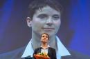 Frauke Petry stands on the podium after she was elected new leader of the Alternative for Deutschland party on July 4, 2015 during a party congress in Essen, western Germany