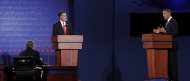 El candidato republicano Mitt Romney y presidente Barack Obama participan en el primer debate de esta campaña por la presidencia en la Universidad de Denver, el miércoles 3 de octubre de 2012, en Denver. (Foto AP/Ed Andrieski)