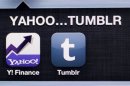 A photo illustration shows the applications of Yahoo and Tumblr on the screen of an iPhone in Zagreb