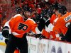 Scott Hartnell of the Philadelphia Flyers celebrates his goal with teammates