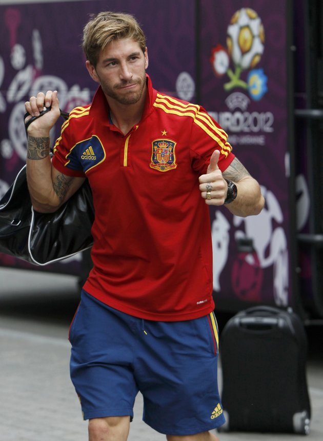 Spain's Ramos arrives at the team hotel in Kiev