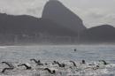 FILE - In this Aug. 22, 2015 file photo, backdropped by Sugar Loaf Mountain, athletes compete in the men's marathon swimming test event, ahead of the Rio 2016 Olympic Games, off Copacabana Beach, Rio de Janeiro, Brazil. Swimming's world governing body FINA has strongly criticized the organizers of next year's Olympics in Rio de Janeiro over what it says are substandard facilities and "disrespect" for aquatic events. (AP Photo/Leo Correa, File)