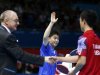 North Korea's Kim Song-nam waves after his men's singles preliminary round table tennis match against Timothy Wang of the U.S. at the ExCel venue of the London 2012 Olympic Games in London