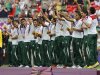 Gold medallists of Mexico celebrate during the award ceremony for the men's football competition at Wembley Stadium during the London 2012 Olympic Games