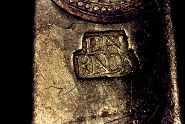 Handout photo of Detail of an 'EN RADA' stamp on Tortugas wreck's gold finger bar recovered from the Tortugas shipwreck, in the Straits of Florida