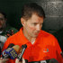 Miami head coach Al Golden answers questions during NCAA college football media day in Coral Gables, Fla., Saturday, Aug. 27, 2011. Several Miami players have been implicated in an NCAA scandal. (AP Photo/Jeffrey M. Boan)