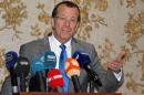 The UN envoy for Libya, Martin Kobler speaks during a press conference following a meeting with the members of Libya's General National Congress (GNC) on January 1, 2016 at Tripoli Metiga military airport