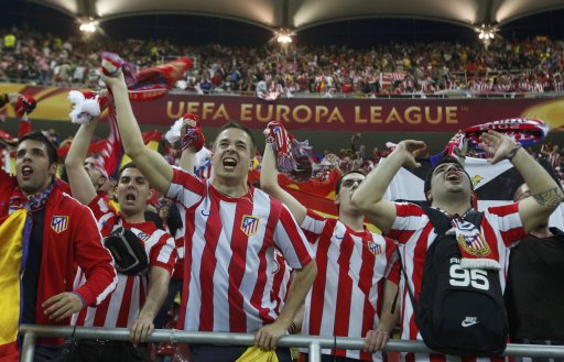 Atletico Madrid fans cheer ahead of Europa League final between Atletico Madrid and Athletic Bilbao at National Arena in Bucharest