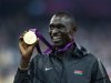Gold medallist David Lekuta Rudisha of Kenya shows his medal during the presentation ceremony for the men's 800m event at the London 2012 Olympic Games at the Olympic Stadium