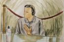 FILE - In this Aug. 26, 2004, file courtroom sketch, Ali Hamza al Bahlul appears before a military commission at Guantanamo Naval Base in Guantanamo, Cuba. A federal appeals court on Monday, July 14 set aside two of three convictions against a former personal assistant to Osama bin Laden. The U.S. Court of Appeals for the District of Columbia Circuit issued the ruling in the case of Ali Hamza al-Bahlul, who produced propaganda videos for al-Qaida and assisted with preparations for the terrorist attacks of Sept. 11, 2001. (AP/Art Lien, pool)