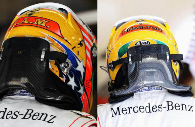 Antes e depois: ué, mas por que Hamilton mudou o que estava escrito no capacete? (Fotos: Ker Robertson / Getty Images)