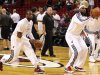 Miami Heat's Dwyane Wade and LeBron James warm up before facing the Chicago Bulls in Game 2 of their NBA basketball playoff series in the Eastern Conference semifinals on Wednesday, May 8, 2013, in Miami. (AP Photo/The Miami Herald, Charles Trainor Jr)