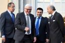 Foreign ministers Lavrov of Russia, Steinmeier of Germany, Fabius of France and Klimkin of Ukraine arrive for a picture opportunity ahead of their meeting at Villa Borsig in Berlin